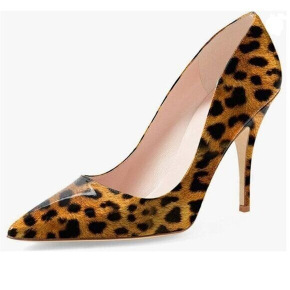 YDN Leopard Print Pointed Toe Stilettos Heel Pumps Slip on Slide Dress Shoes - Picture 1 of 8